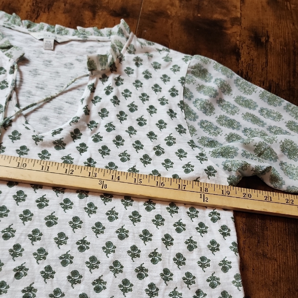 LUCKY BRAND | Green White Ditsy Floral Ruffle Tie Neck Mixed Fabric Top |‎ M - Picture 6 of 10